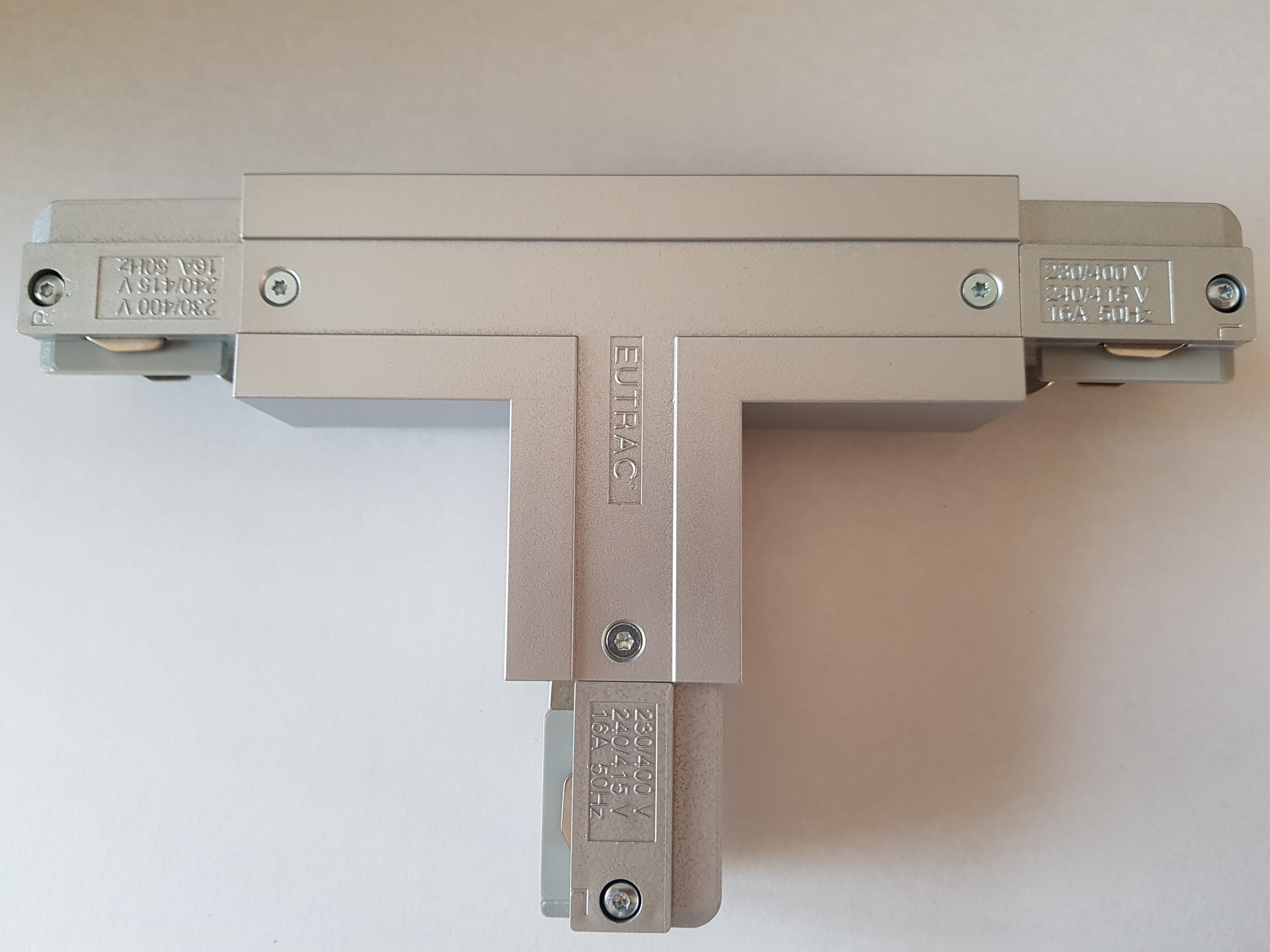 Eutrac T-Verbinder für 3-Phasen Aufbau, silbergrau, Erde rechts